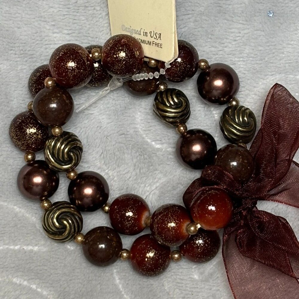 Multi brown Glass Shimmery beads Gold tone Bead Two Stretch Bracelet